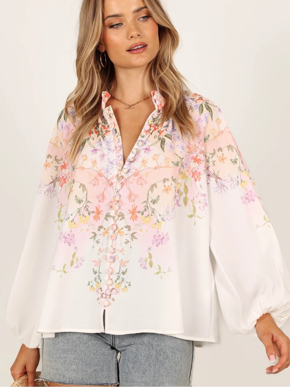Petal & Pup Tirana White Floral Button-Front Peasant Blouse
